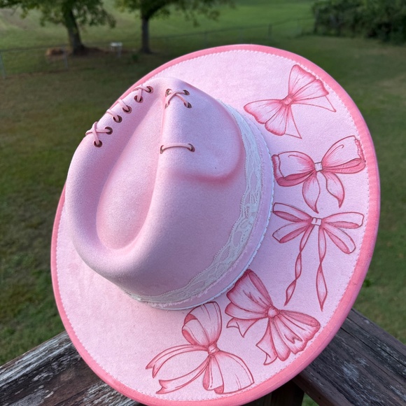 Hand Burned Bows on Pink Began Suede Rancher Hats - Picture 3 of 5